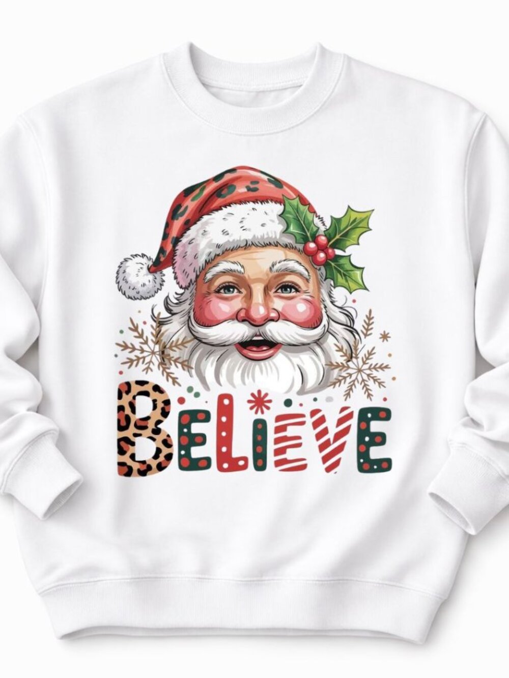 Santa Believe Christmas Womens Custom White Crewneck Graphic Sweatshirt Tops